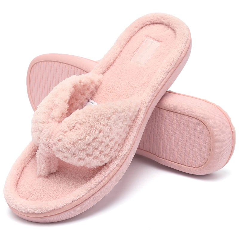 CIOR Women's Cozy Memory Foam Spa Thong Flip Flops House Indoor Slippers Plush Gridding Velvet Lining Clog Style-U1MTW017-30-Pink-38-39 - Image 1